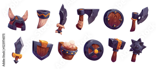 Viking game props icons, medieval battle axe, mace and drink horn, helmet, sword, shield and beer tankard. Scandinavian nordic warrior weapon and ui rpg game design assets, Cartoon vector elements set