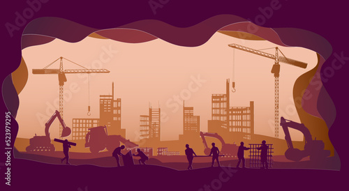 Silhouette engineer and  construction team working at site.Vector paper cut style.