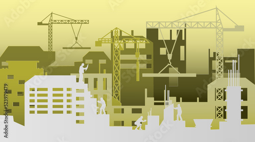 Silhouette engineer and  construction team working at site.Vector paper cut style.