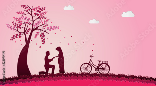 Lovely couple design in soft pink background with bicycle.Paper art style
