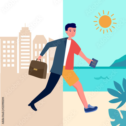Annual leave concept vector illustration. Businessman going to the beach for vacation.