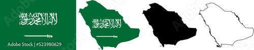 Kingdom of Saudi Arabia KSA National Map Flag Arabian outline black silhouette