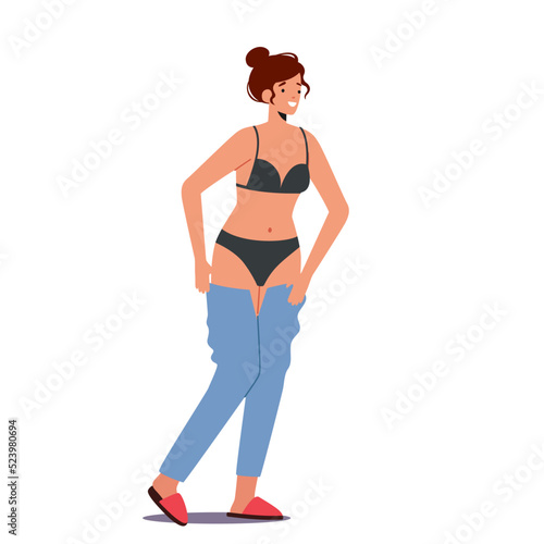 Young Female Character Dressing Up, Caucasian Woman Put on Jeans at Morning, Prepare to go at Work Isolated White