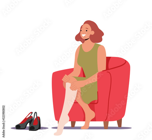 Female Character Dressing Stockings and Shoes Sit on Armchair. Young Woman Choose Footwear at Shop or Getting Dressed