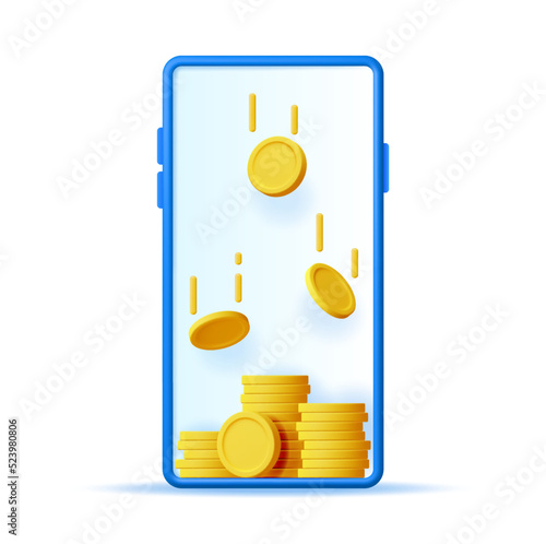 3D Smartphone and Money Inside Isolated. Render Mobile Phone with Gold Coin. Mobile Online Payment and Transfer. Finance, Investment, Money Saving. Internet Casino. Vector Illustration