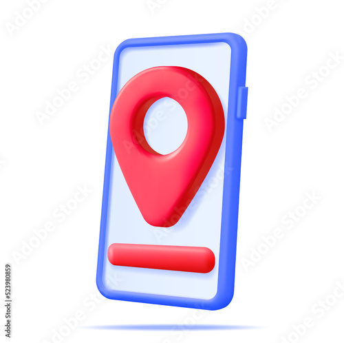 3D Location Map Pin in Smartphone Isolated on White. Blue GPS Pointer Marker Icon. GPS and Navigation Symbol and Phone. Element for Map, Social Media, Mobile Apps. Realistic Vector Illustration