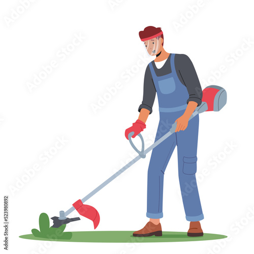 Man Mow Lawn in Garden or Public City Park. Gardener, Cottager or Worker Character Use Grass Trimmer for Landscaping