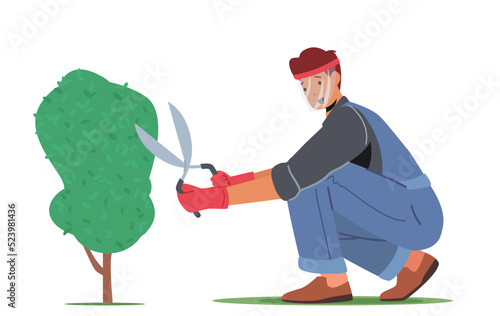 Man Cut Hedge in Orchard Doing Gardener Works Prune Shrub with Scissors. Worker Male Character Trimming Bush in Garden