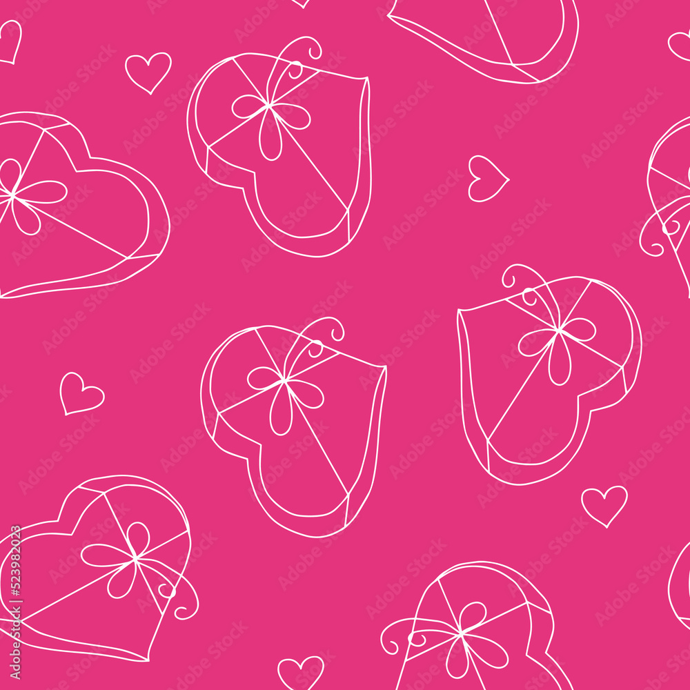 heart shaped gift box with ribbon and bow seamless pattern. hand drawn in doodle style.