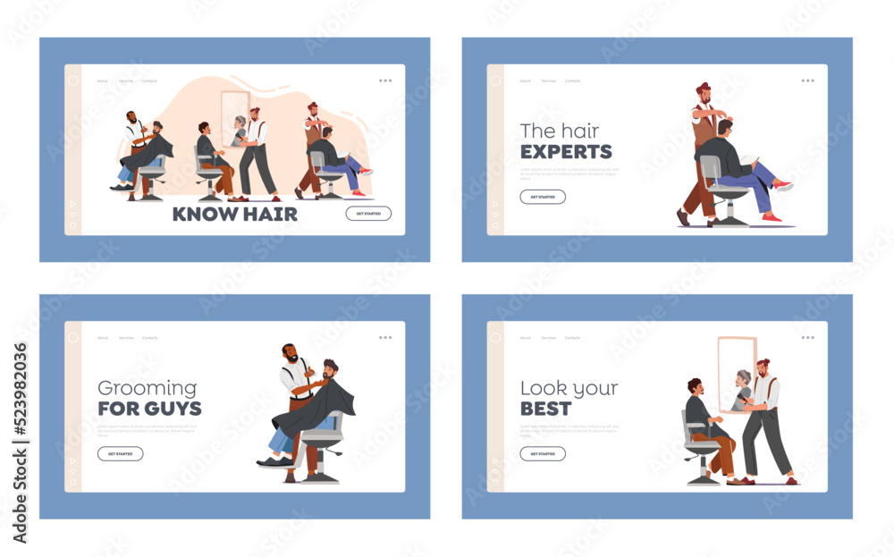 Men Beauty Salon Landing Page Template Set. Male Characters Visit Barbershop. Hairdresser Barbers Serving Clients Men Beauty Salon Landing Page Template Set. Male Characters Visit Barbershop. Hairdresser Barbers Serving Clients