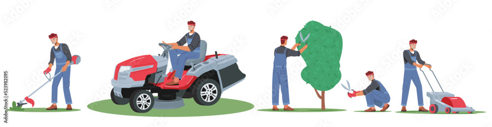 Set Worker Mow Lawn and Cutting Plants in Garden. Man Gardener Character Use Trimmer for Landscaping Home Backyard Set Worker Mow Lawn and Cutting Plants in Garden. Man Gardener Character Use Trimmer for Landscaping Home Backyard