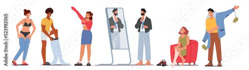 Set of Male and Female Characters Dressing Up, Men and Women Put on Clothes at Morning Prepare to go at Work