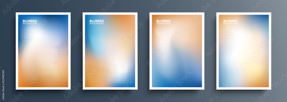 Set of color blurred backgrounds with modern abstract soft color gradient patterns. Orange and blue. Templates collection for brochures, posters, banners, flyers and cards. Vector illustration.