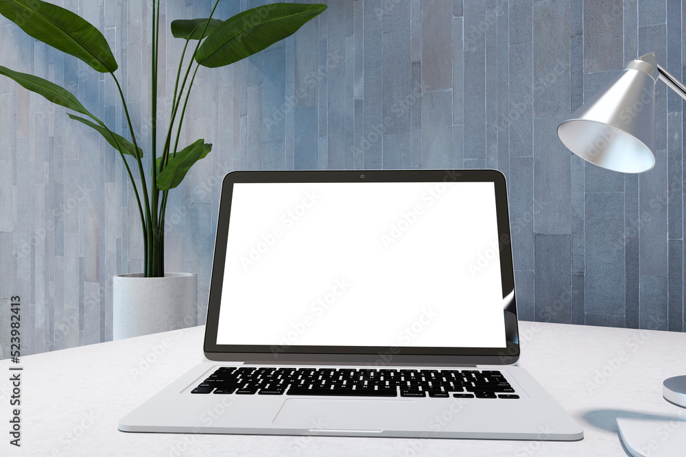 Fototapeta premium Close up of modern grunge style workplace with empty white mock up laptop screen on desktop. 3D Rendering.