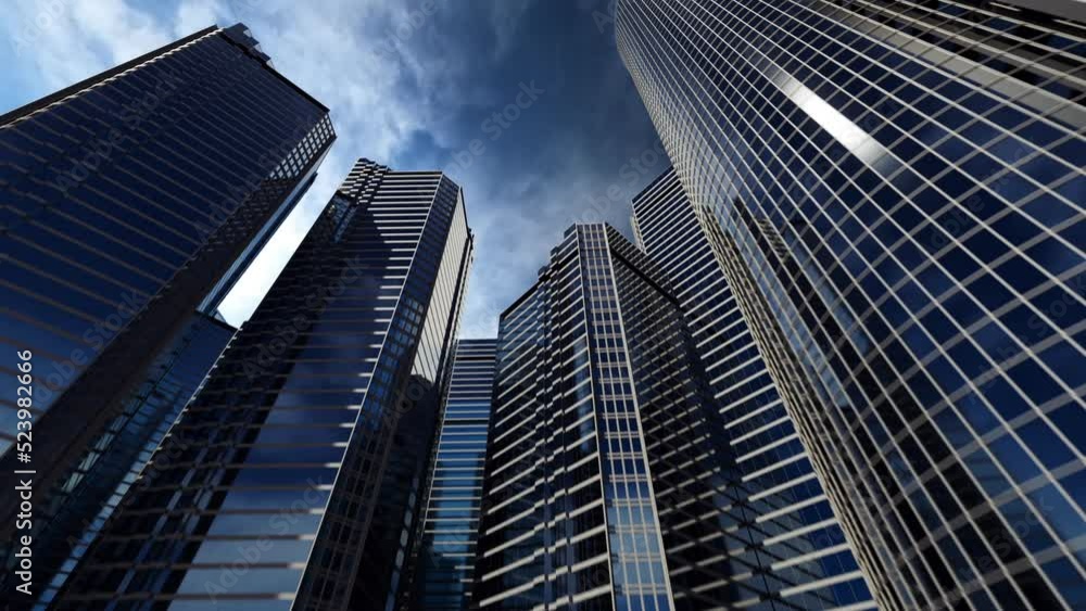 Animation of the business center. buildings with mirrored windows on the background of the sky . Animation of the business center. buildings with mirrored windows on the background of the sky .