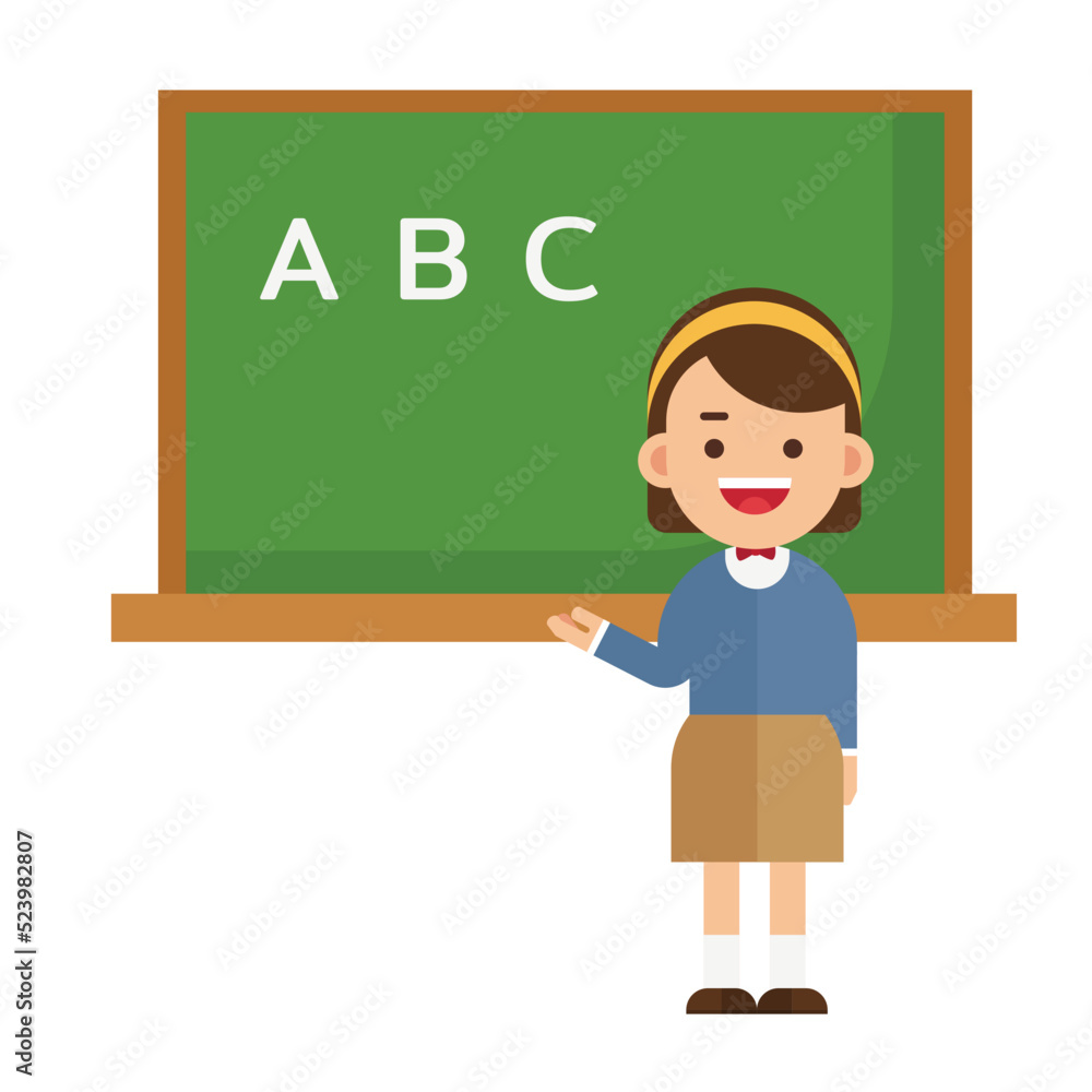 Cute Girls Learning Alphabet, Elementary School Student Standing at Blackboard Cute Girls Learning Alphabet, Elementary School Student Standing at Blackboard