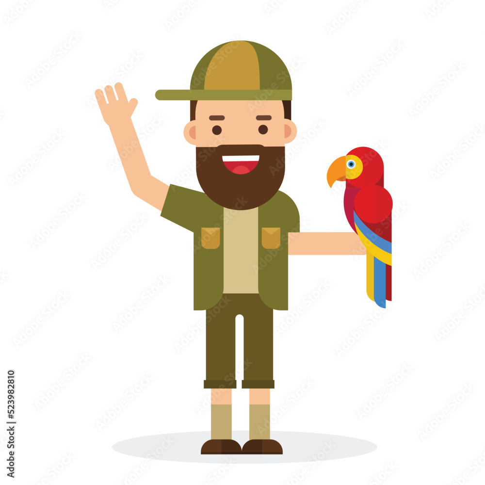 Zookeeper Playing Bird Isolated On White Stock Vector