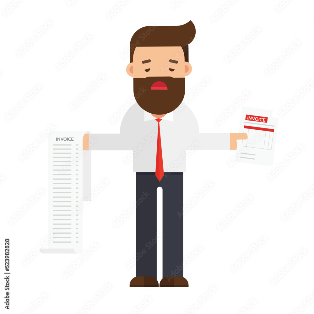 Pay big bill businessman holding long bill Pay big bill businessman holding long bill