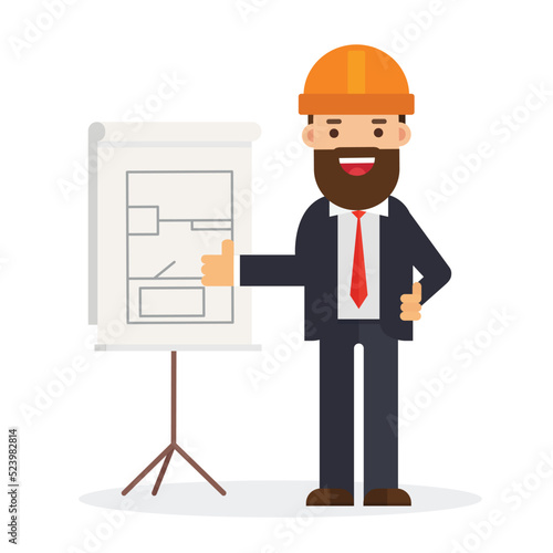 Building or apartment plan on board. Cartoon man engineer or architect with construction project in hands.