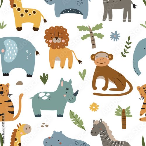 Seamless pattern with cute jungle animals and plants. Vector illustration isolated on white background for your design