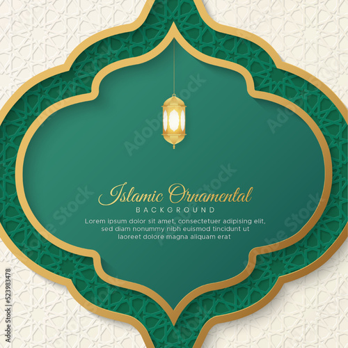 Islamic Arabic Green and White Background with Geometric pattern and Beautiful Ornament with Lanterns