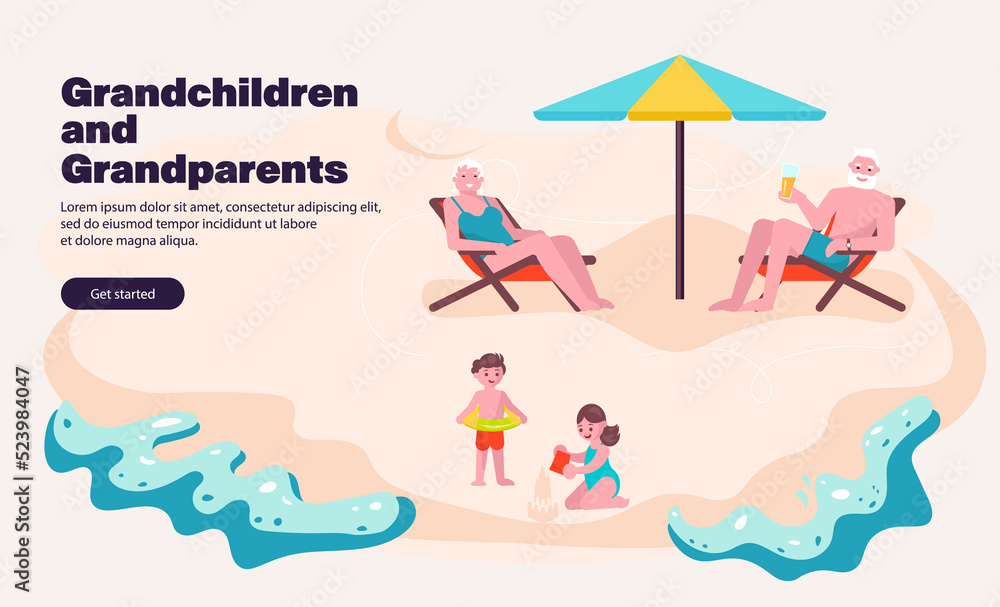 Landing webpage template with Grandparents spending time with grandchildren