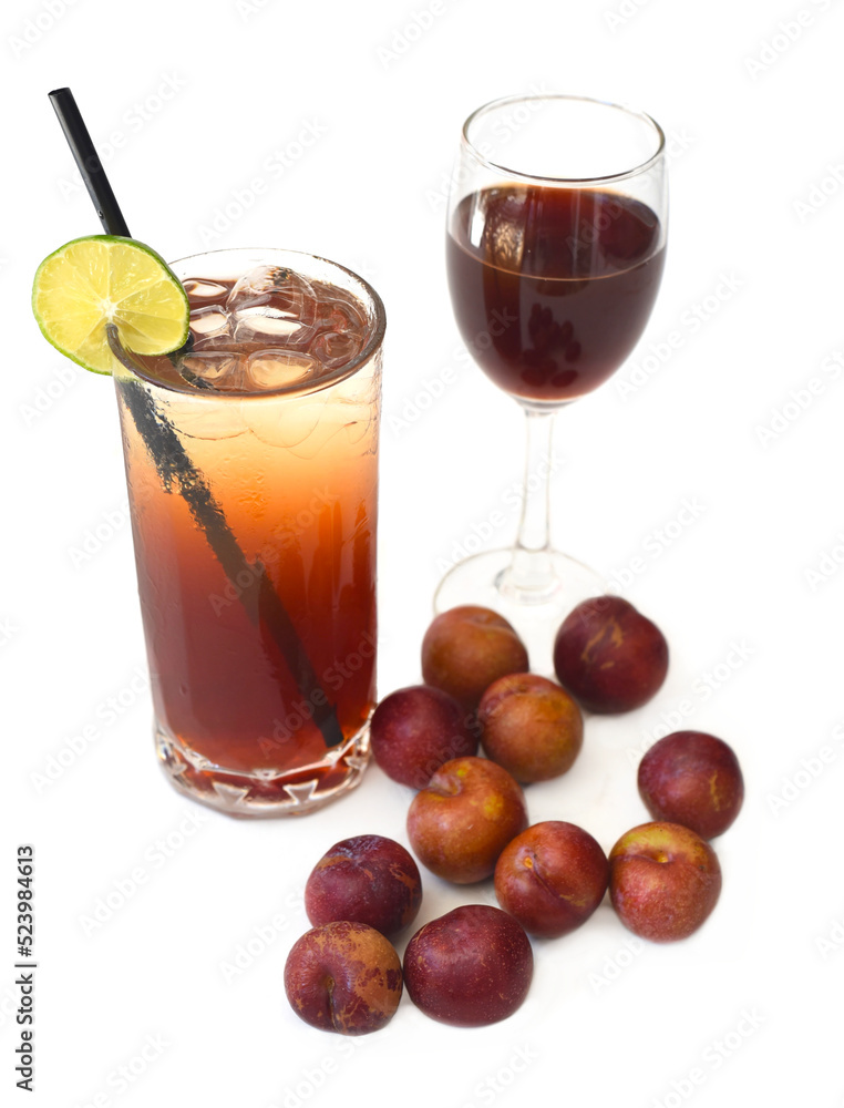 Plum wine highball cocktail with glass of wine and plums on white background Plum wine highball cocktail with glass of wine and plums on white background