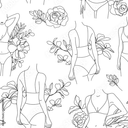 Woman body seamless pattern, line style black and white background. Women in lingerie with flowers, leaves, body positive. Use for package, print, paper, art.