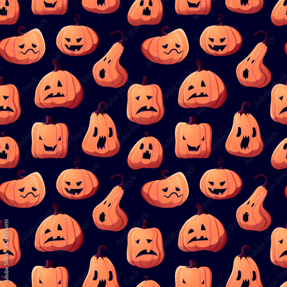 Halloween cartoon pumpkins pattern background. Vector Happy Halloween greeting card and trick or treat party seamless design of jack-o-lantern with evil face carving