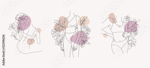 Vector set of abstract female figures, woman body illustration with colorful spots. Line art print. Flowers and leaves decoration. Woman silhouette, print, card, logo, poster. Body positive.