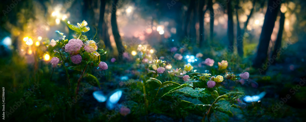 Fantasy landscape glowing fairies colorful butterflies 3d rendering
