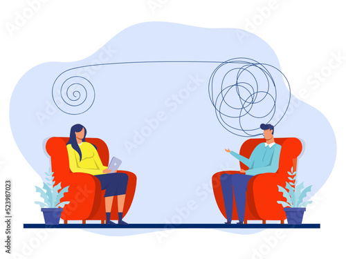 Patient with tangled rope consulting psychologist.The study of how mental functioning affects the behaviors that are expressed Mental health, depression concept  Flat vector illustration