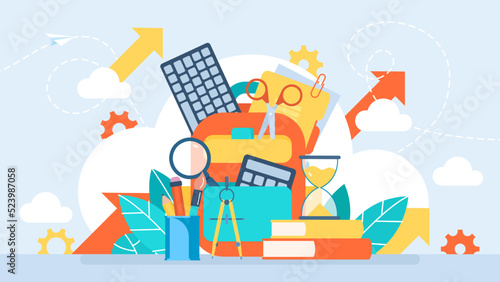 School supplies: backpack, magnifying glass, compass, scissors, pencil, hourglass, calculator, books, paper clip, keyboard, brush, notebook. Student office set. School. Flat style. Vector illustration