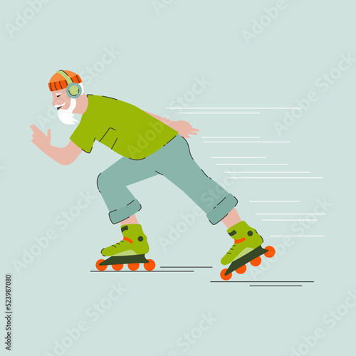 A jolly old man wearing headphones rushing around on roller skates. Flat style vector image. Active grandfather.