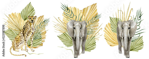 Beautiful animal composition with hand drawn watercolor cute baby elephant and cheetah  in tropical floral leaves ans branches. Safari kids design. Stock illustration