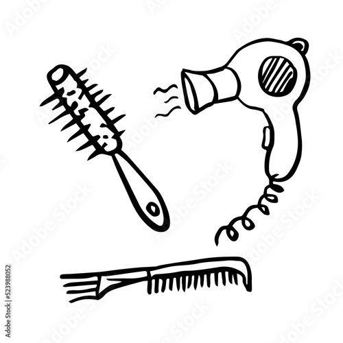 Cartoon doodle design hair styling equipment tool set. Massage hair brush for styling and electric hairdryer. Vector barber shop illustration icon collection.