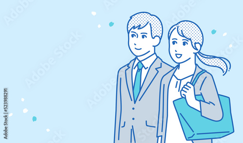 スーツの男女と桜のシンプルなベクターイラスト素材