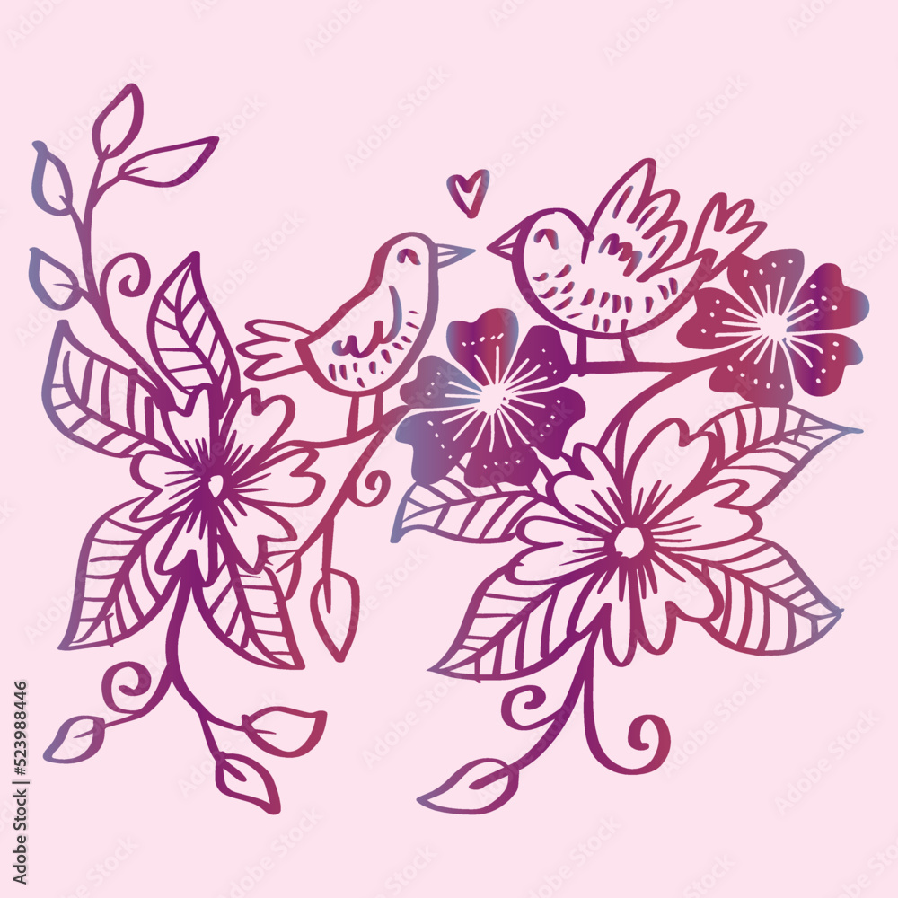 Obraz premium Cartoon decorative two birds sitting on branch of tree