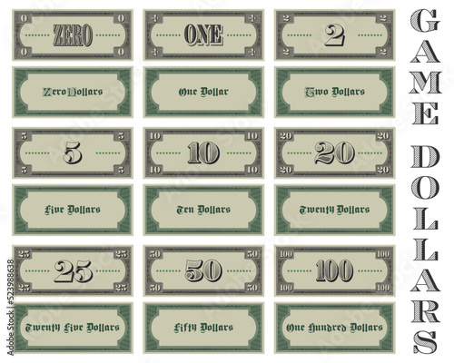 An example of a vector set of gaming banknotes in denominations from 0 to 100 dollars. Cash paper money