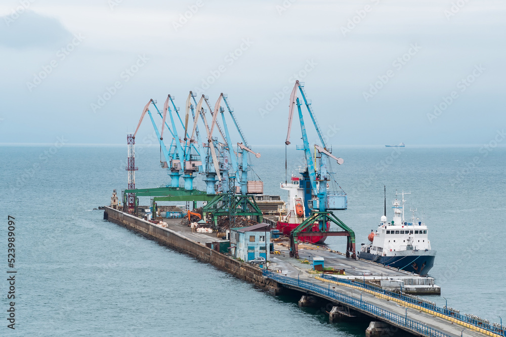 cargo berth with port cranes and moored ships against the backdrop of the open sea