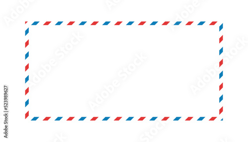 Air mail letter frame. Airmail border with red and blue stripes. Retro vintage blank envelope template. Euro envelope E65. Vector illustration isolated on white background.