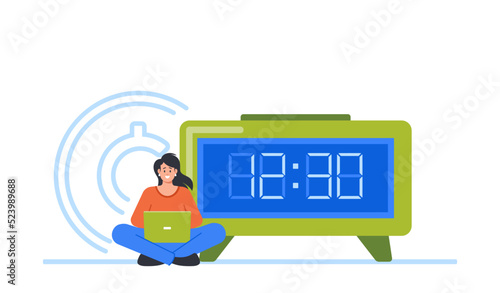 Tiny Businesswoman Character Sitting with Laptop at Huge Clock with Digital Dial. Time Management, Work Productivity