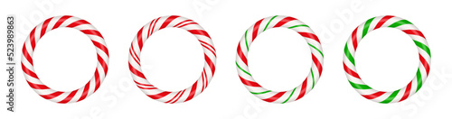 Christmas candy cane circle frame with red and green striped. Xmas border with striped candy lollipop pattern. Blank christmas and new year template. Vector illustration isolated on white background.