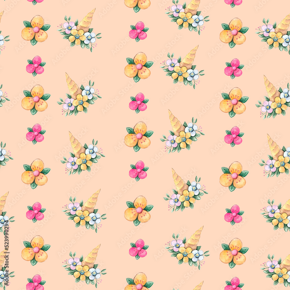 Unicorn, rainbow and magic pastel colors seamless pattern. Set of beauty cartoon unicorn with magical elements. Repetitive wallpaper. Perfect for fabric, wallpaper, wrapping paper or nursery decor
