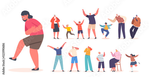 Set of Happy People Positive Emotions. Kids, Seniors and Adult Characters Raising and Waving Hands Celebrate Success