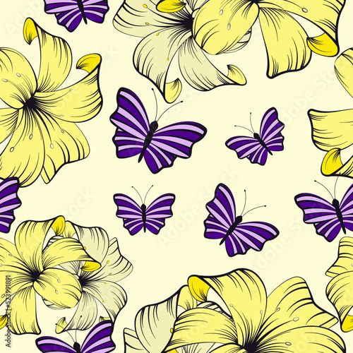 Floral colorful seamless pattern. Yellow and purple lily flower. Butterfly. Prints  packaging template  textiles  bedding and wallpaper. Groovy.