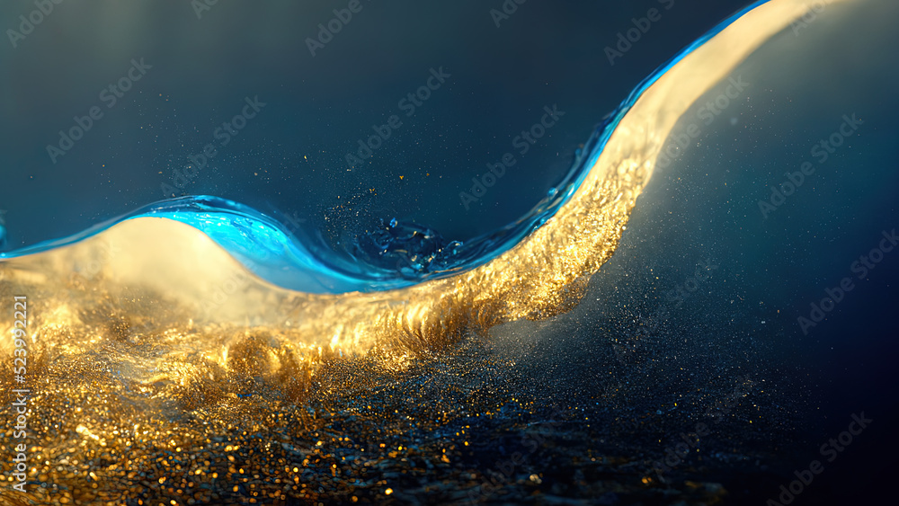 Blue wave with golden sparkles. Beautiful sea background. Water and ...