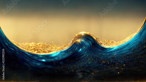 Blue wave with golden sparkles. Beautiful sea background. Water and gold. Hi tech. AI.
