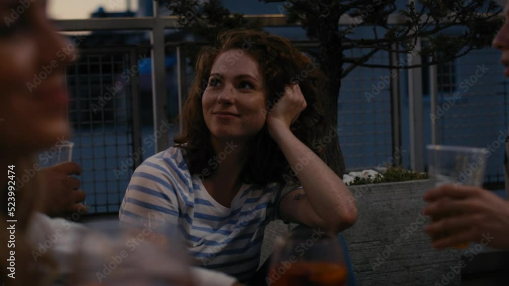 Caucasian woman spending evening together at the roof top party. Shot with RED helium camera in 8K. Caucasian woman spending evening together at the roof top party. Shot with RED helium camera in 8K.