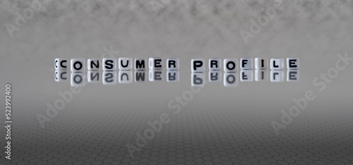 consumer profile word or concept represented by black and white letter cubes on a grey horizon background stretching to infinity
